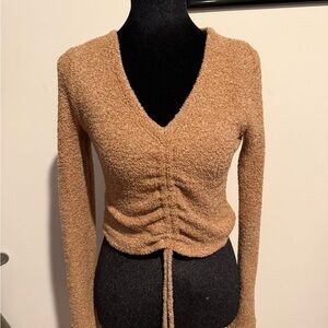 Cozy Tan V-Neck Sherpa top